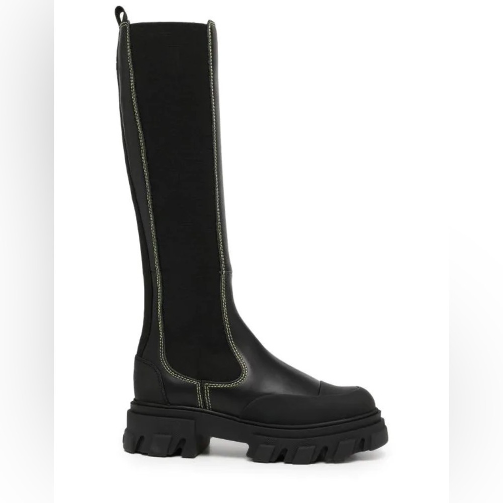 GANNI Black Cleated Chelsea Boots with Yellow Stitching